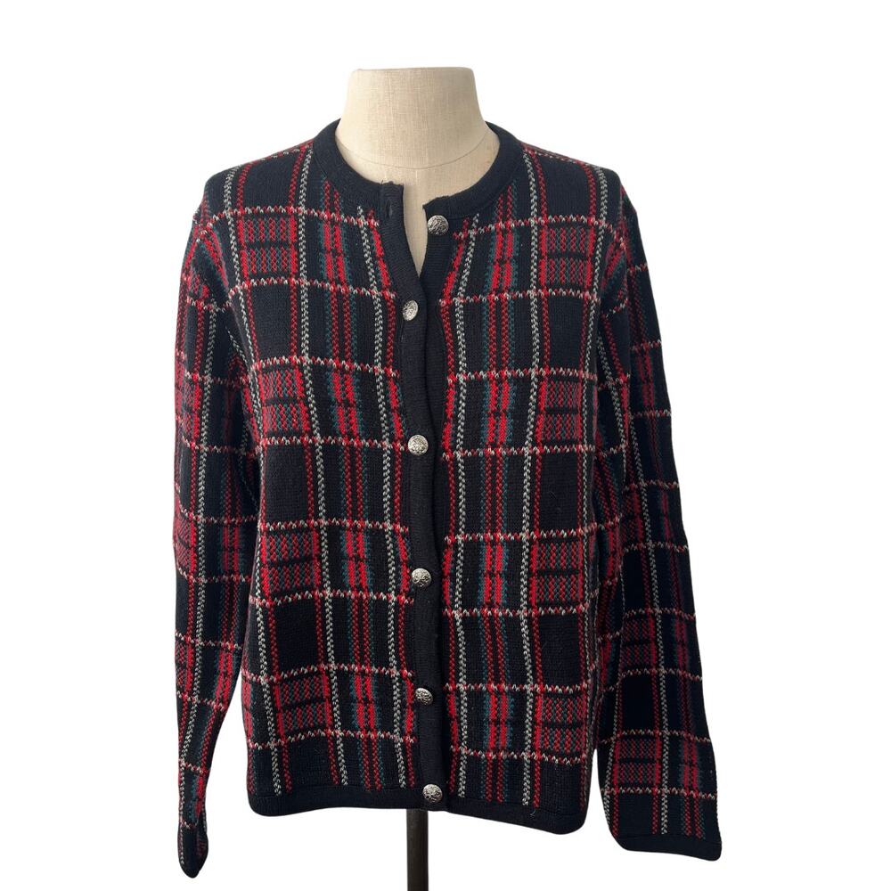 Pendleton 100% Wool Red Navy Tartan Cardigan Size M Petite Vintage 90s